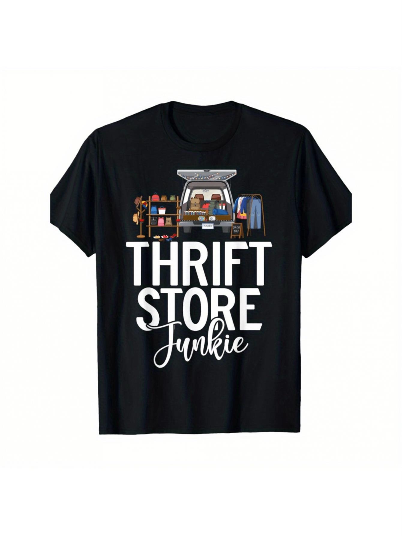 Thrift Vintage Fashion Usa - メンズヴィンテージ古着店柄Tシャツ1枚 - 古着店愛好家向けのデザインとヴィンテージショッピングカート柄がプリントされた半袖カジュアルTシャツ