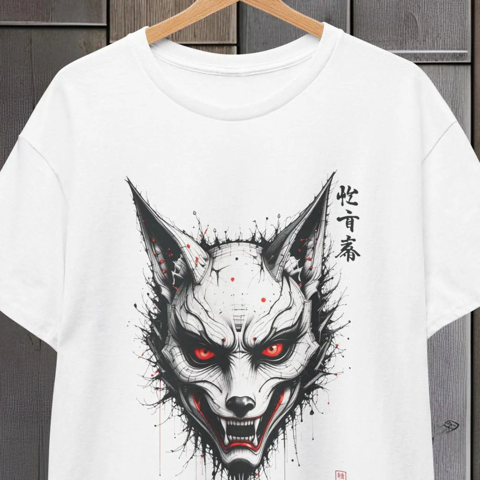 Vintage Fashion Kyoto - 日本の狐マスクTシャツ 京都狐の顔 アジア芸術アパレル フェスティバルコスチューム トップス ヴィンテージ