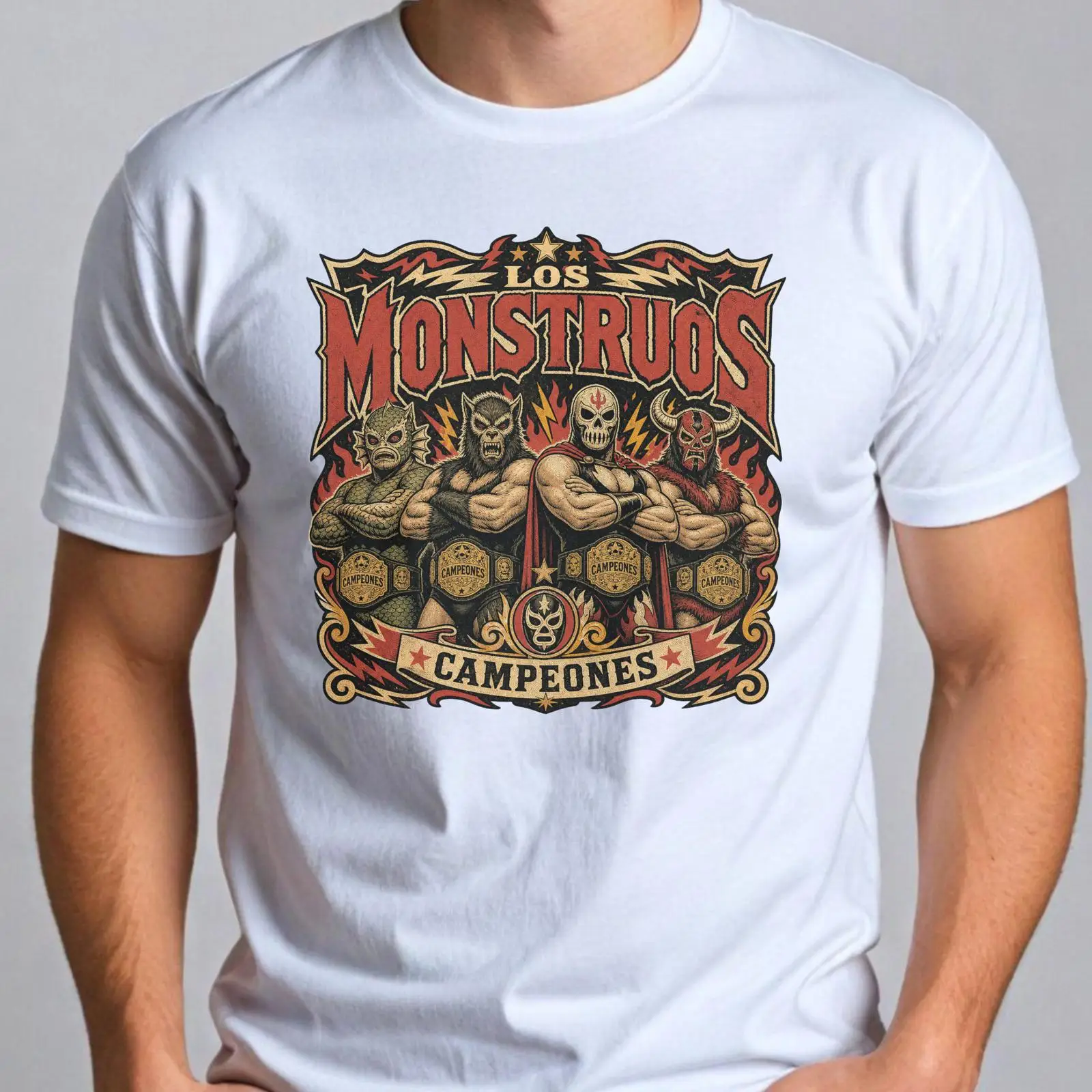 Vintage Fashion Knitwear - ロス・モンストルス・チャンピオンズ Tシャツ ヴィンテージ モンスターレスリング ヴィンテージウォッシュ ファッショントップス