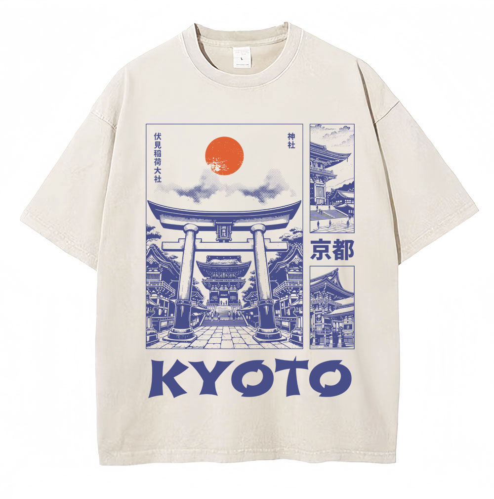 Vintage Fashion Kyoto - 洗浄済み日本スタイル京都グラフィック Tシャツ男性女性ファッションヴィンテージ夏 Tシャツオーバーサイズコットンカジュアル Tシャツストリートウェア