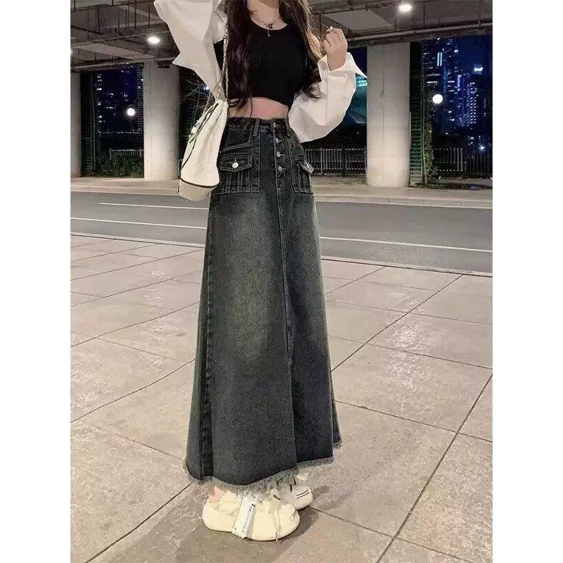 Denim Skirt Midi Vintage - ハイウエストAラインミディ丈デニムスカート レディース 夏 スリム ヴィンテージ アメリカンデザイン