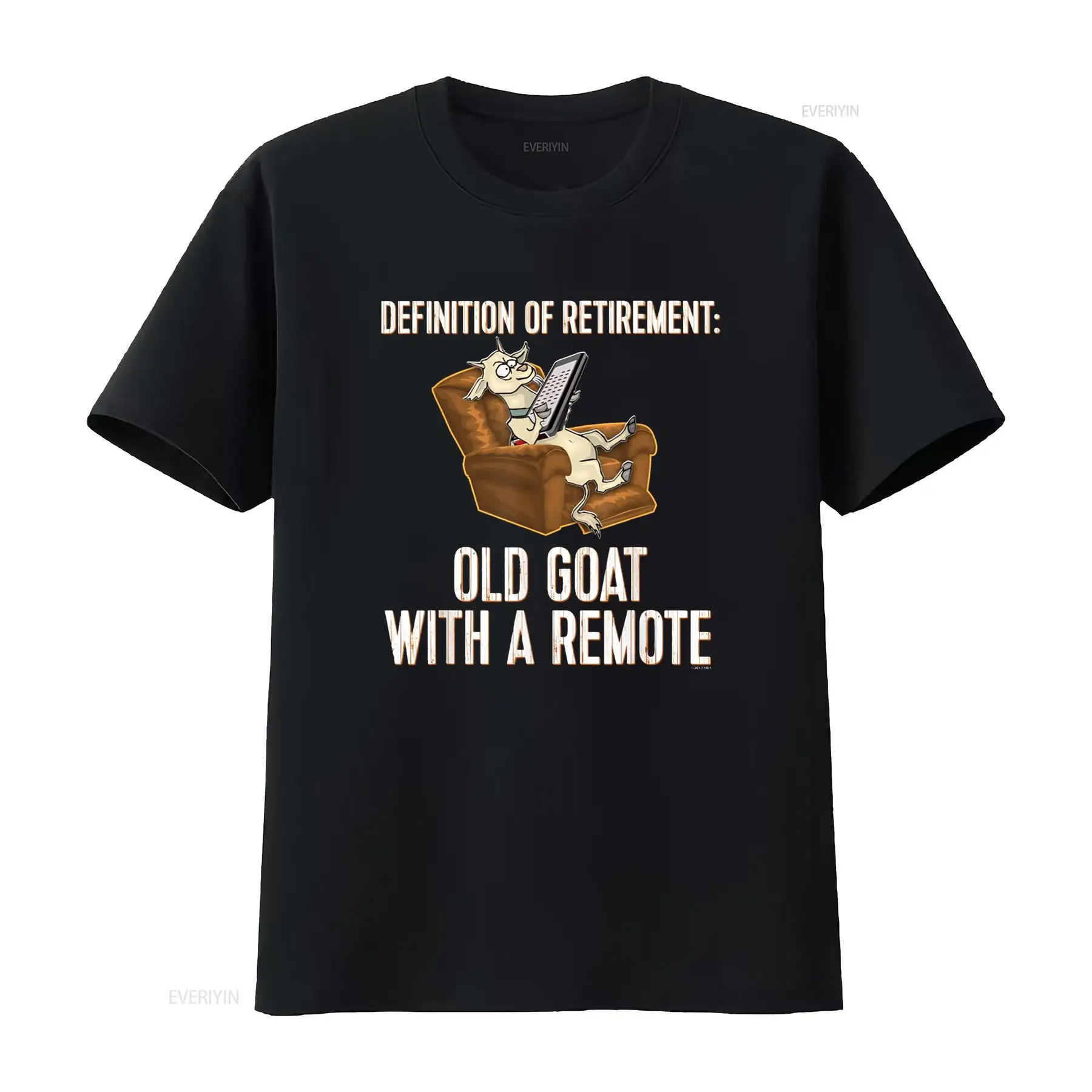 Vintage Fashion Definition - 楽しい退職記念Tシャツ、リモコンを持った老山羊、ヴィンテージ風ウォッシュ加工、通気性のあるファッショナブルでスタイリッシュなユニセックスストレッチ素材