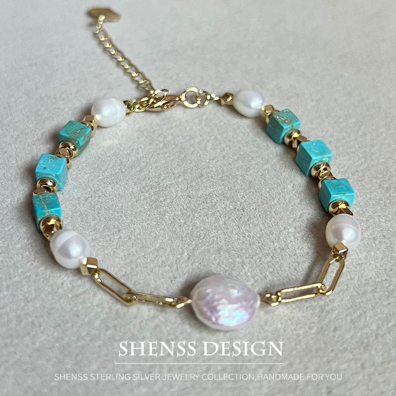 Vintage Fashion Photos - 天然バロック淡水パールターコイズブレスレット,銅メッキ,14K金メッキアクセサリー,18 5cm