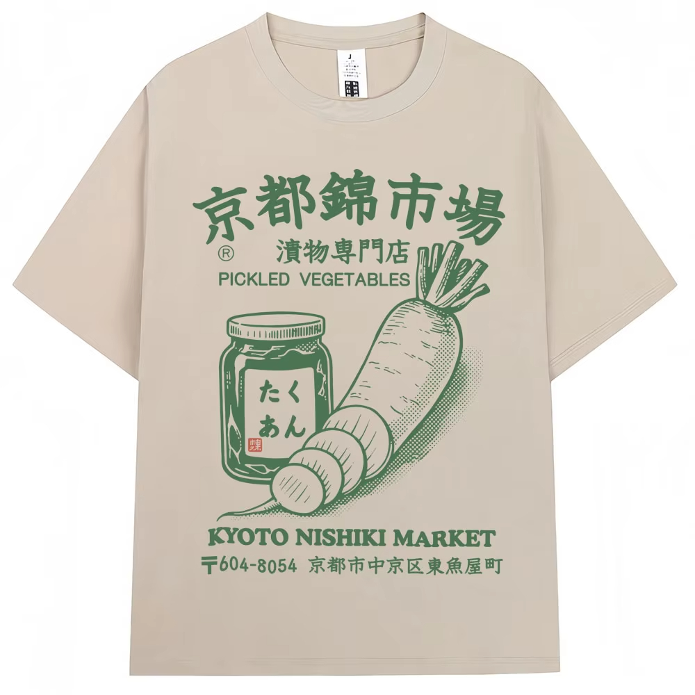 Vintage Fashion Kyoto - 和風京都錦市場プリント Tシャツファッションヴィンテージ男性女性 Tシャツカジュアル Tシャツストリートウェア