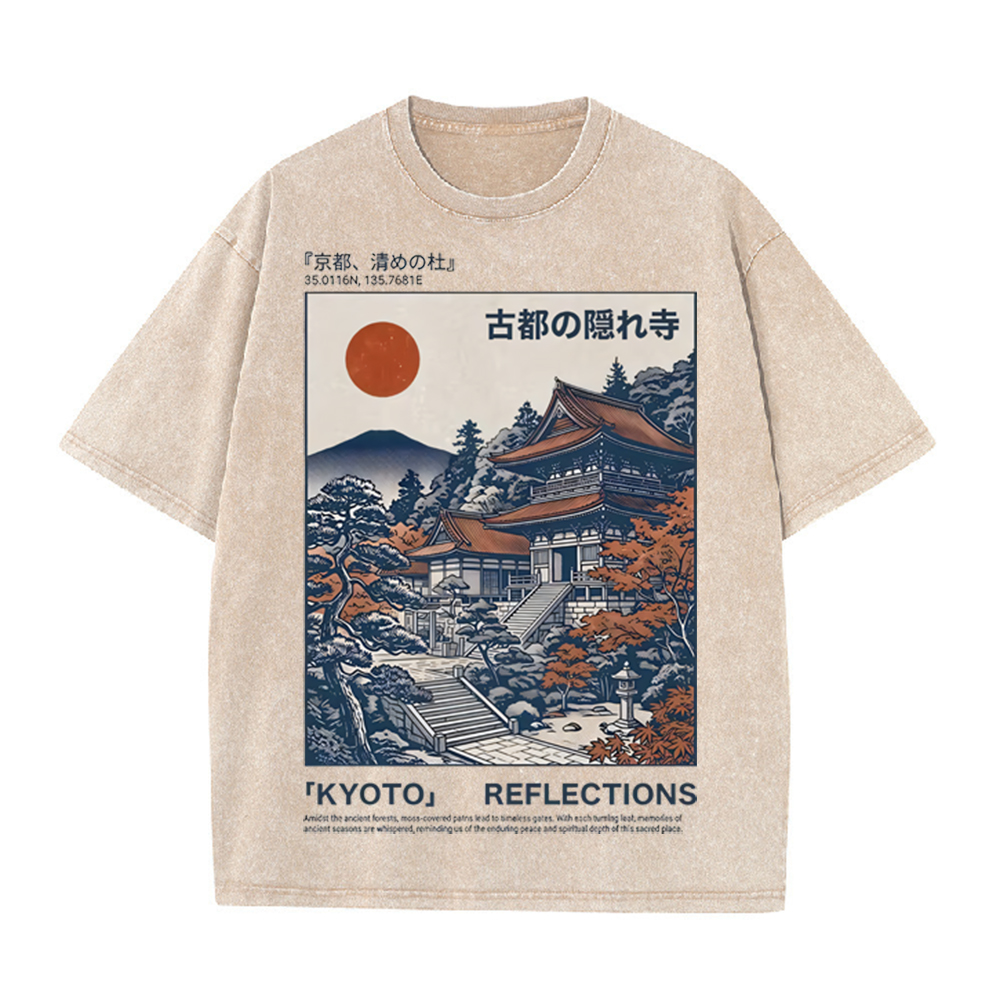 Vintage Fashion Kyoto - 2026 ヴィンテージ ウォッシュド ベージュ 京都古刹風景グラフィック Tシャツ