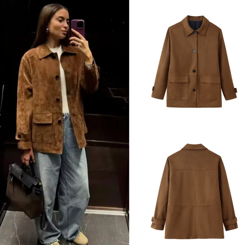 Vintage Fashion Old Money - 新しいファッション女性オールドマネーブラウンレザースエード長袖ジャケットコートヴィンテージデミシーズンジャケット秋冬アウター