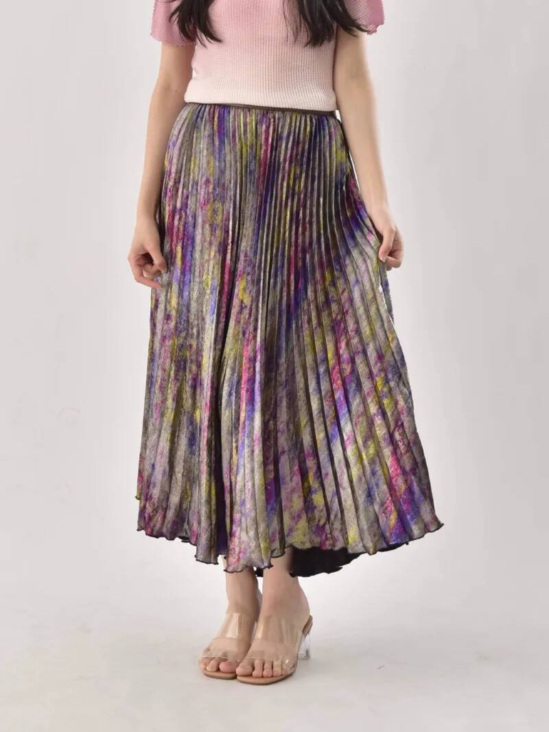 Vintage Fashion Old Money - 光沢のあるカラフルな高級ハイウエストミディスカート 2025 春夏ファッショントレンド 伸縮性ウエストバンドプリーツスカート オールドマネースタイル M9
