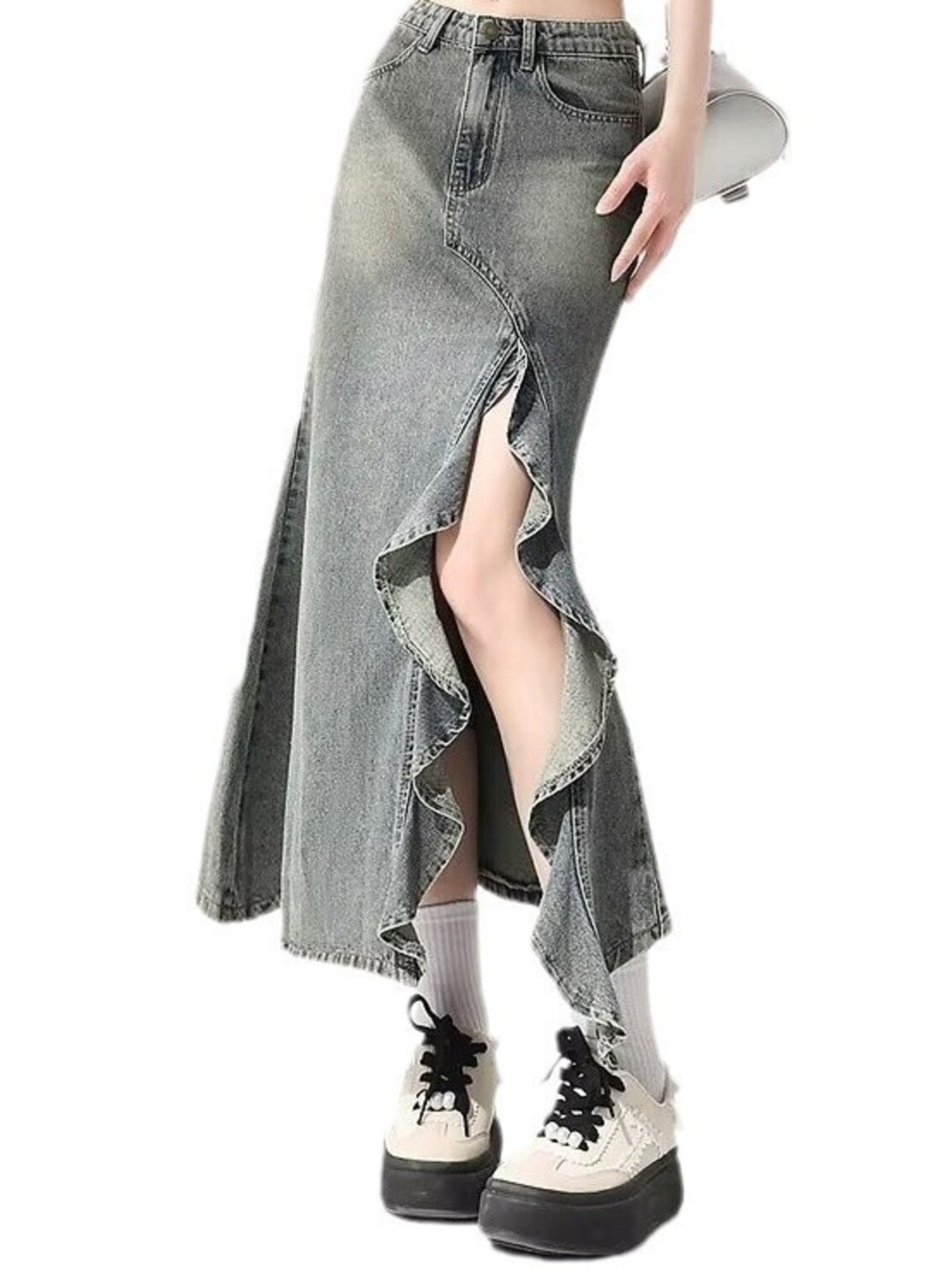 Denim Skirt Midi Vintage - レディース ヴィンテージ ウォッシュドデニム マーメイド マキシスカート ハイウエスト