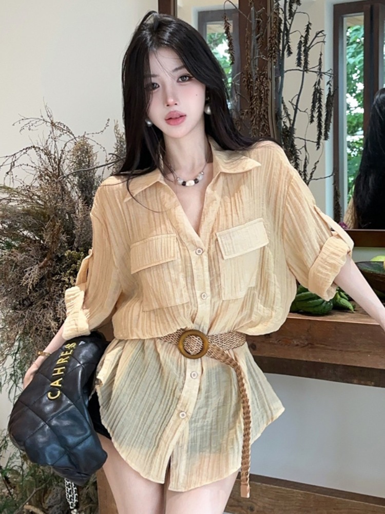 Vintage Fashion Old Money - 夏の新作ヴィンテージルーズウエストシャツ レディースファッション ベルト付き オールドマネースタイル 韓国風 スリムフィット