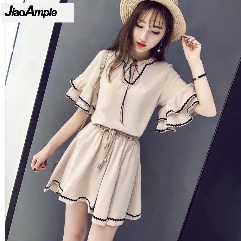 Vintage Fashion Ai - 女性用シフォンブラウスとパンツのセット,ヴィンテージセット,蓮の葉の袖,ショーツスーツ,エレガントな服,韓国のファッション,夏,新しい,2022, 2個