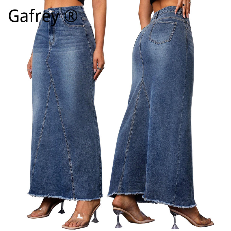 Denim Skirt Midi Vintage - レディースデニムミディスカート、ハイウエストフィッシュテール、ボディコン、フリンジヘム、スリムフィット、カジュアル、ヴィンテージ、ストリートウェア、ファッションジーンズスカート