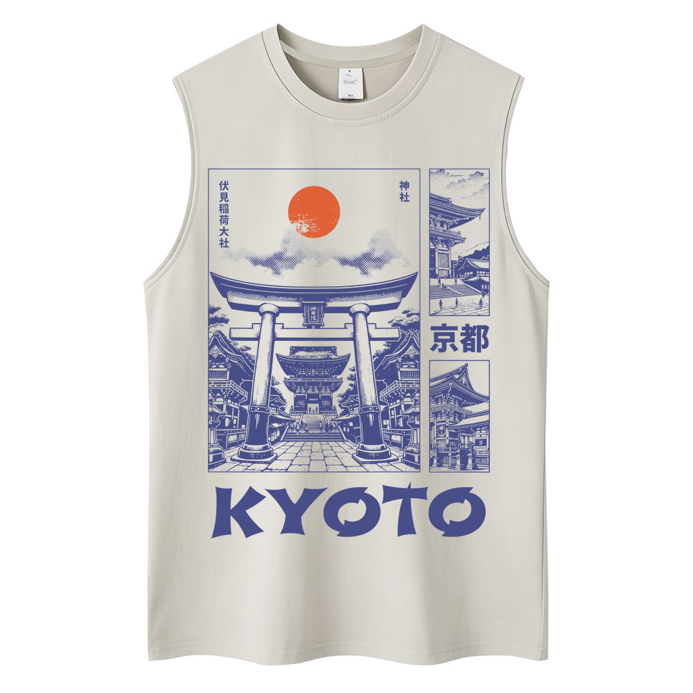 Vintage Fashion Kyoto - 和風京都グラフィックタンクトップ男性女性ファッションヴィンテージノースリーブ Tシャツルーズコットンカジュアルベストストリートウェアギフト