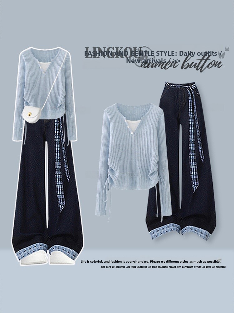 Vintage Fashion Knitwear - 韓国風ハイウエストニットトップスとヴィンテージジーンズのツーピースセット レディース 秋のファッションアンサンブル カジュアルウェア