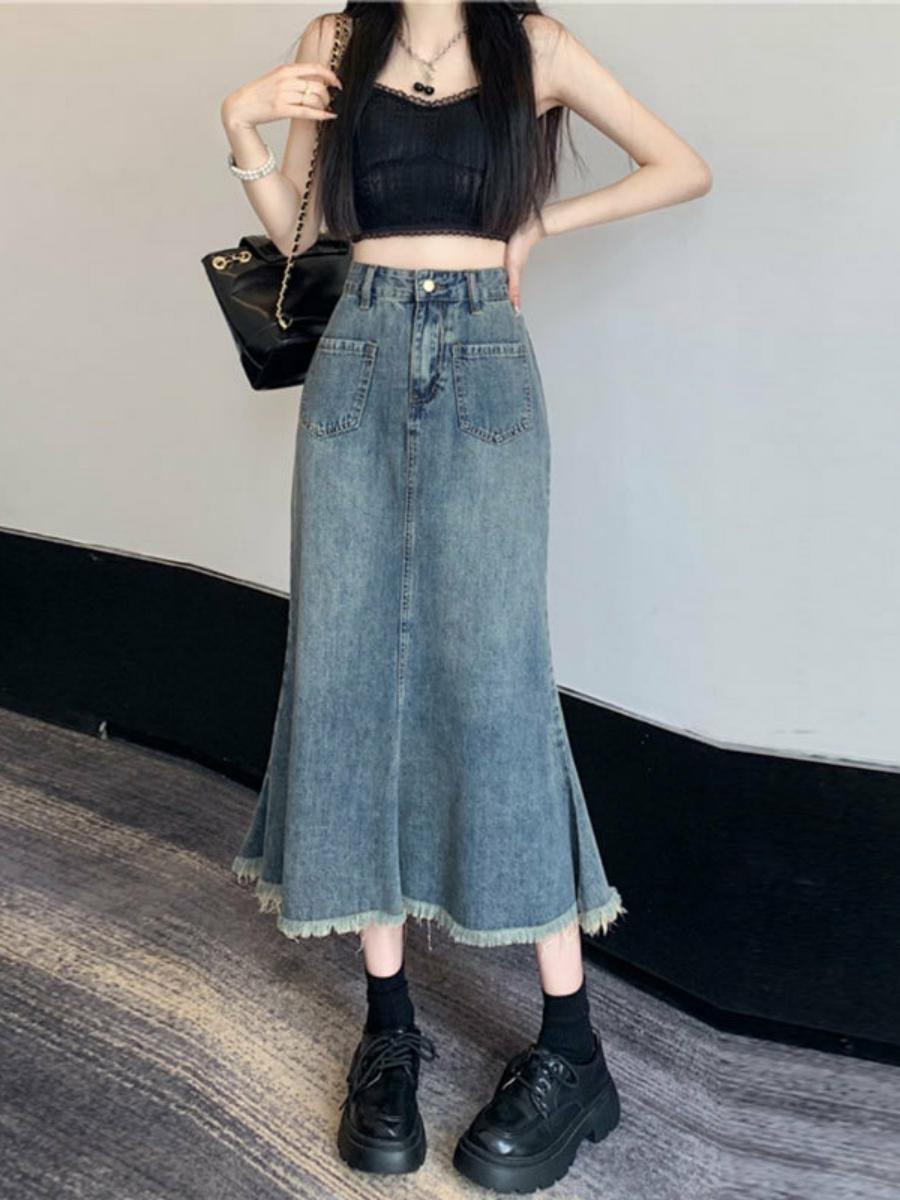 Denim Skirt Midi Vintage - ハイウエストAラインミディスカート レディースデニムフィッシュテールスカート 体型カバー ヴィンテージラップスカート ハーフボディスカート