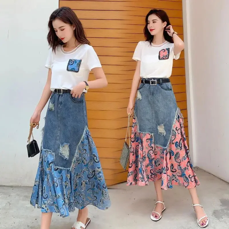 女性の不規則なパッチワークデニムスカート,ハイウエスト,ロン - Denim Skirt Midi Vintage のレビューと価格