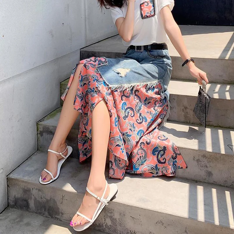 女性の不規則なパッチワークデニムスカート,ハイウエスト,ロン - Denim Skirt Midi Vintage のレビューと価格