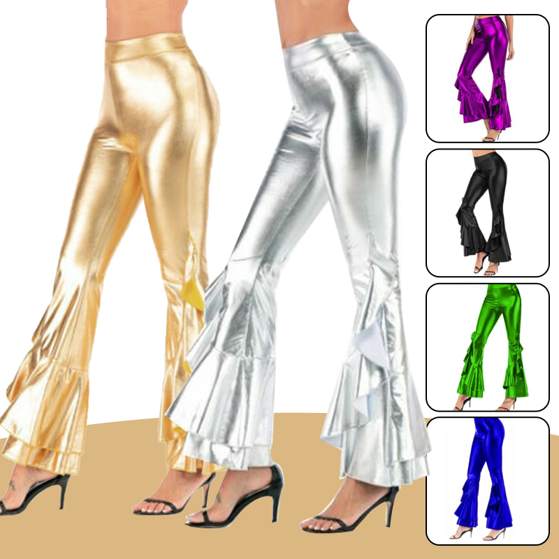 女性光沢のあるフレアパンツレーザーメタリック Wetlook - Wide Leg Trouser 70S のレビューと価格
