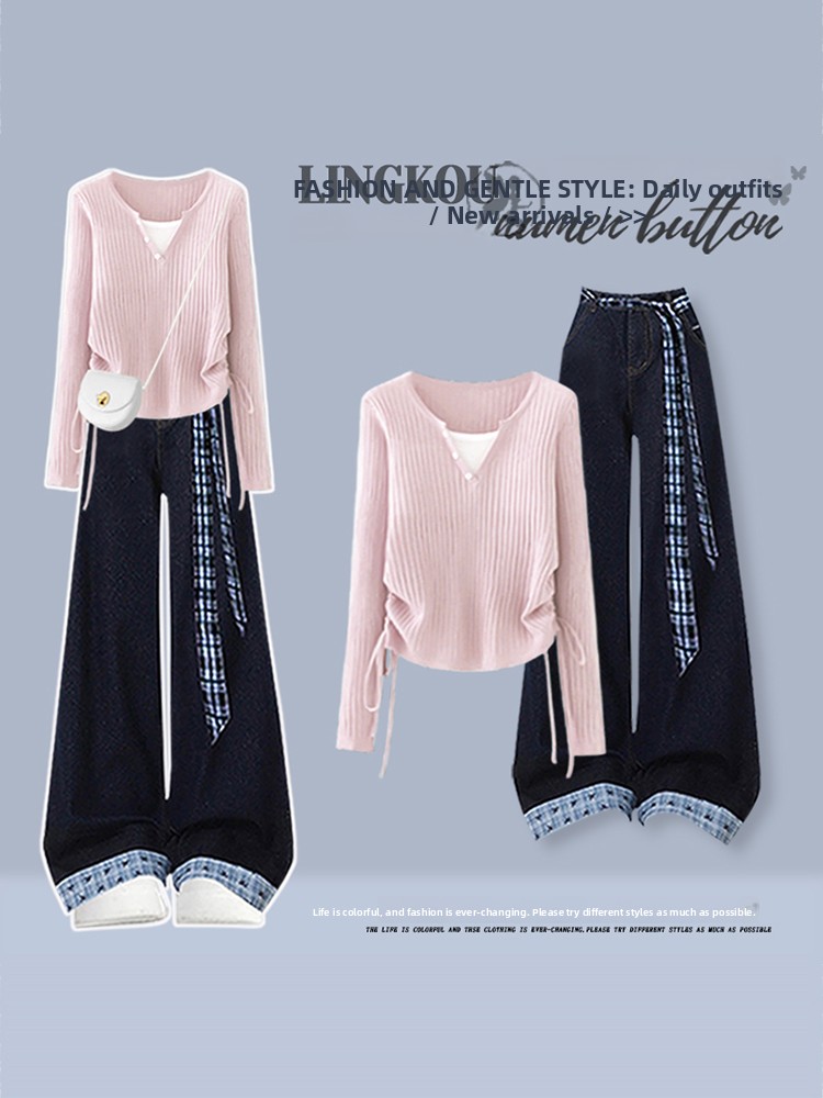 韓国風ハイウエストニットトップスとヴィンテージジーンズのツー - Vintage Fashion Knitwear のレビューと価格