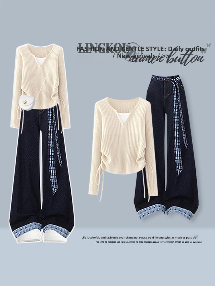 韓国風ハイウエストニットトップスとヴィンテージジーンズのツー - Vintage Fashion Knitwear のレビューと価格