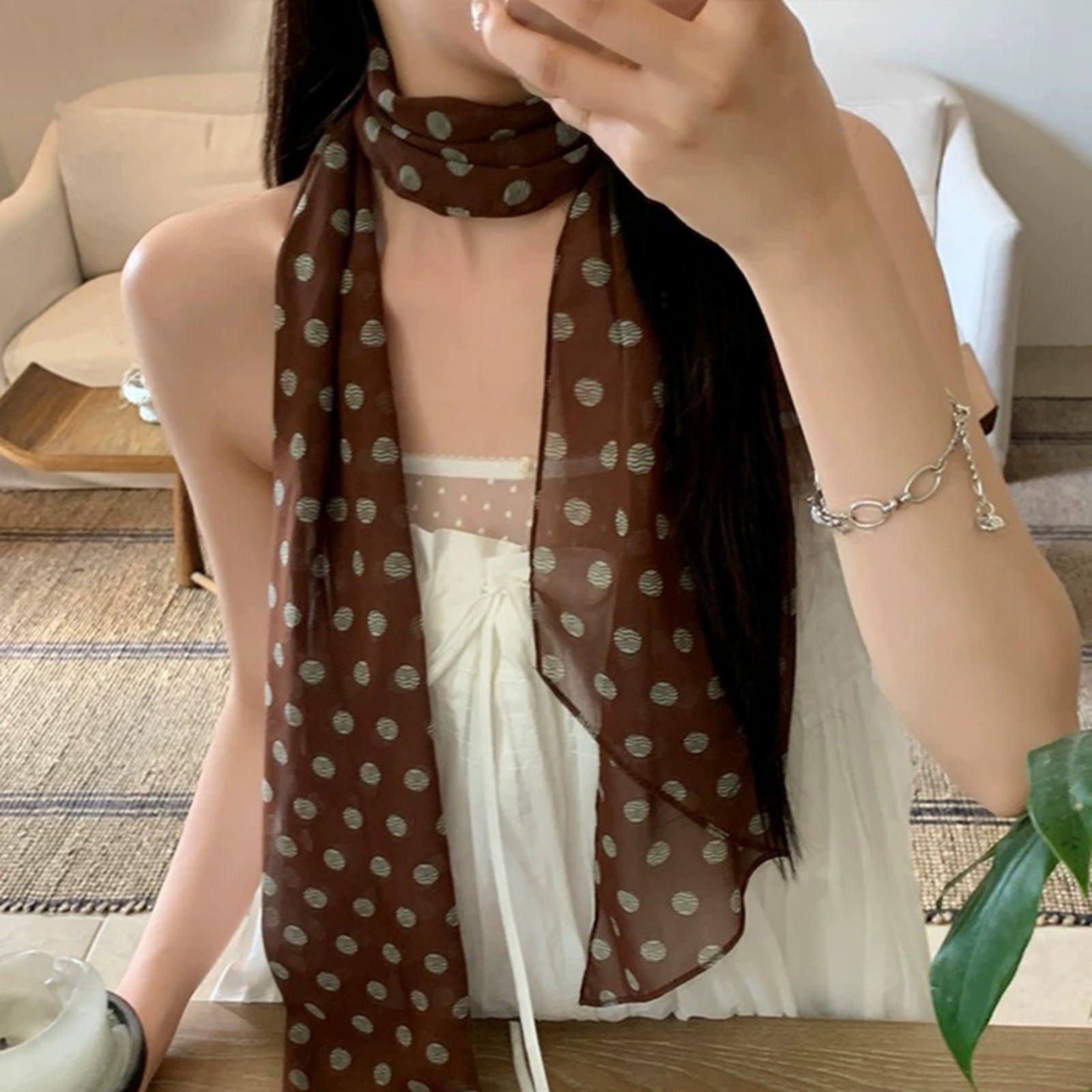 ヴィンテージポルカドットシフォンスカーフ女性用軽量シースルー - Vintage Fashion Ai のレビューと価格