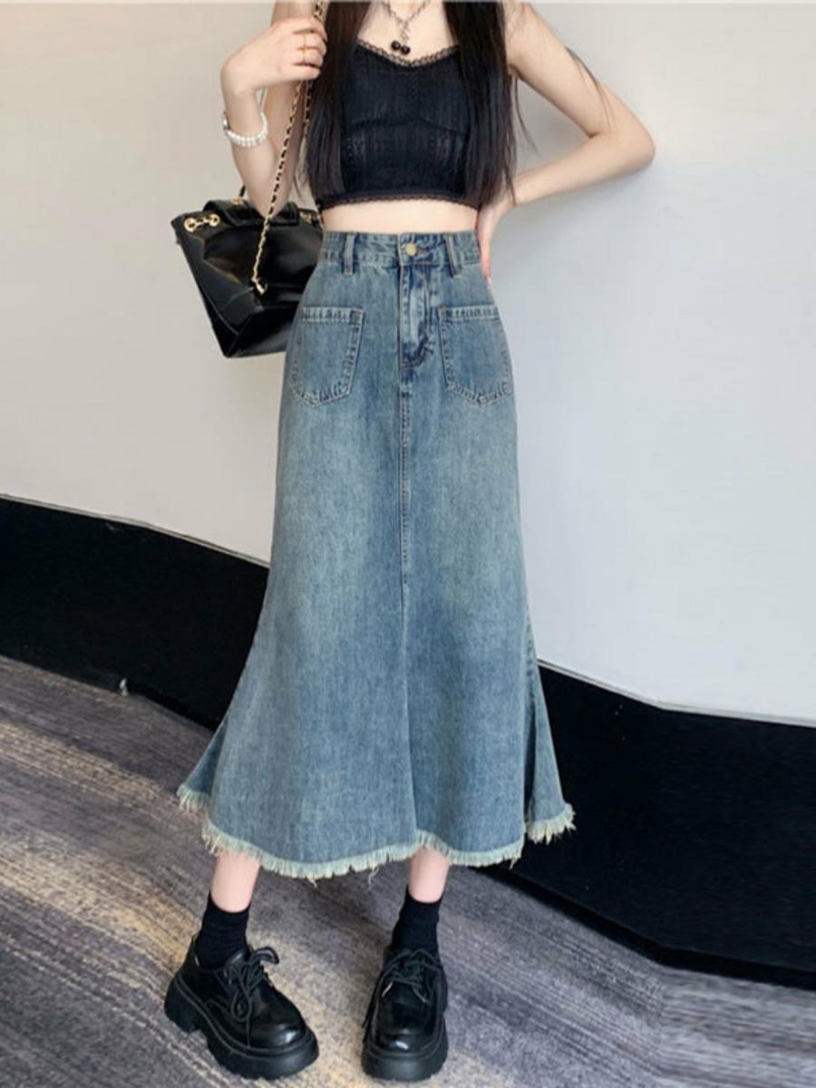 ハイウエストAラインミディスカート レディースデニムフィッシ - Denim Skirt Midi Vintage のレビューと価格