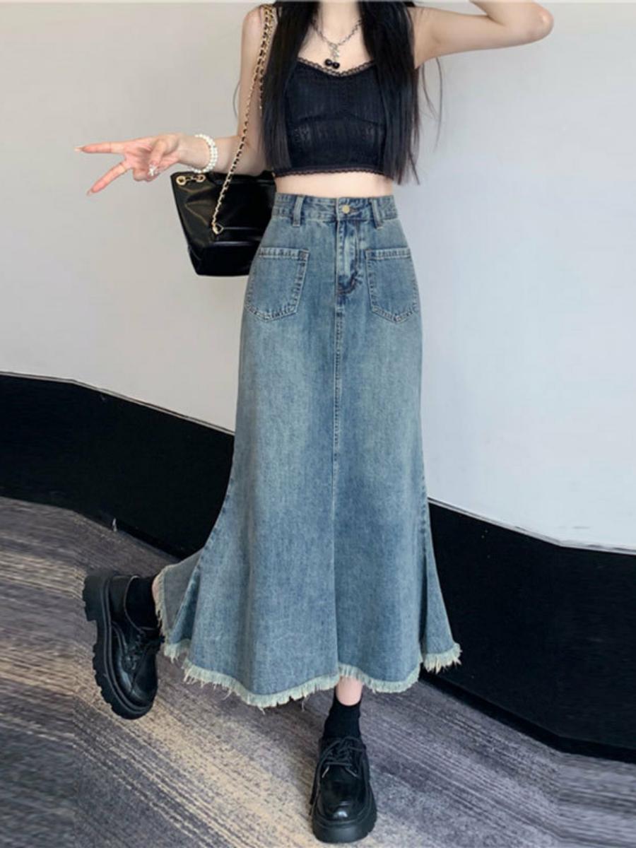 ハイウエストAラインミディスカート レディースデニムフィッシ - Denim Skirt Midi Vintage のレビューと価格
