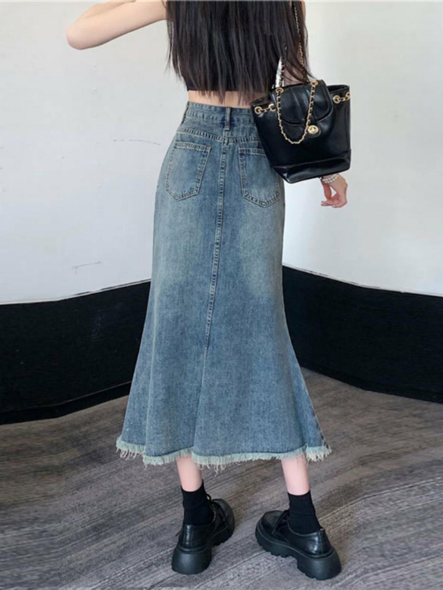 ハイウエストAラインミディスカート レディースデニムフィッシ - Denim Skirt Midi Vintage のレビューと価格