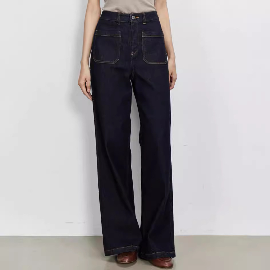 ハイウエストワイドレッグブルーデニムジーンズ女性用ダブルポケ - Wide Leg Trouser 70S のレビューと価格