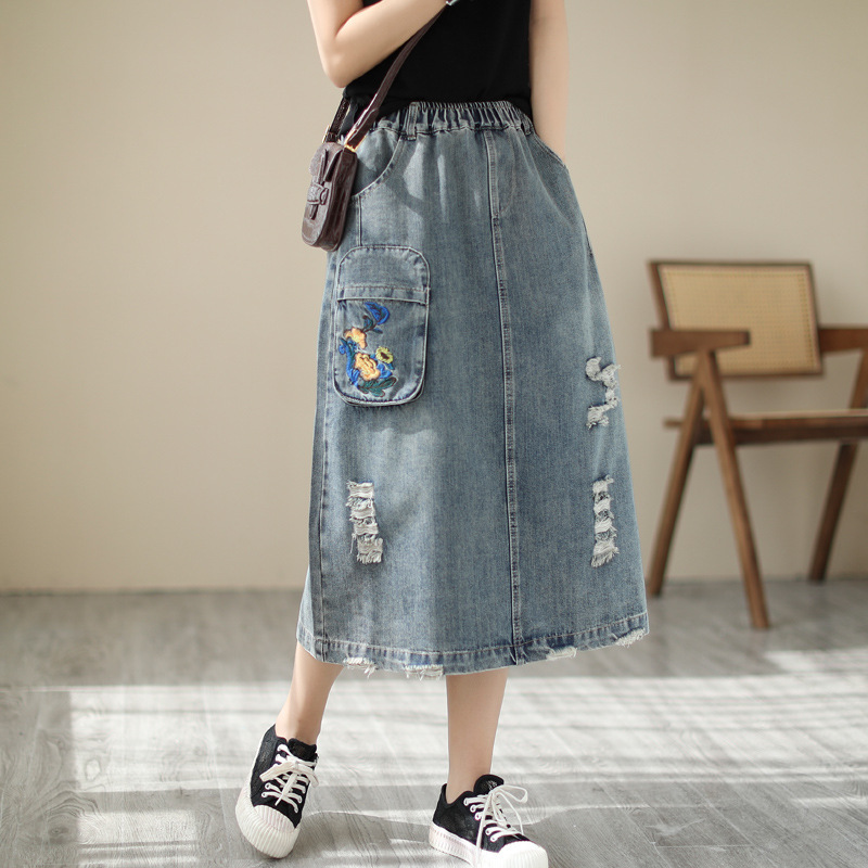 日本のヴィンテージ森ガールフラワープリント刺繍デニムスカート - Denim Skirt Midi Vintage のレビューと価格