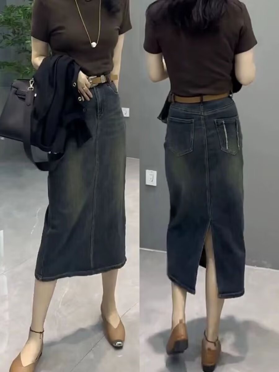 ハイウエストAラインミディ丈デニムスカート レディース 夏物 - Denim Skirt Midi Vintage のレビューと価格