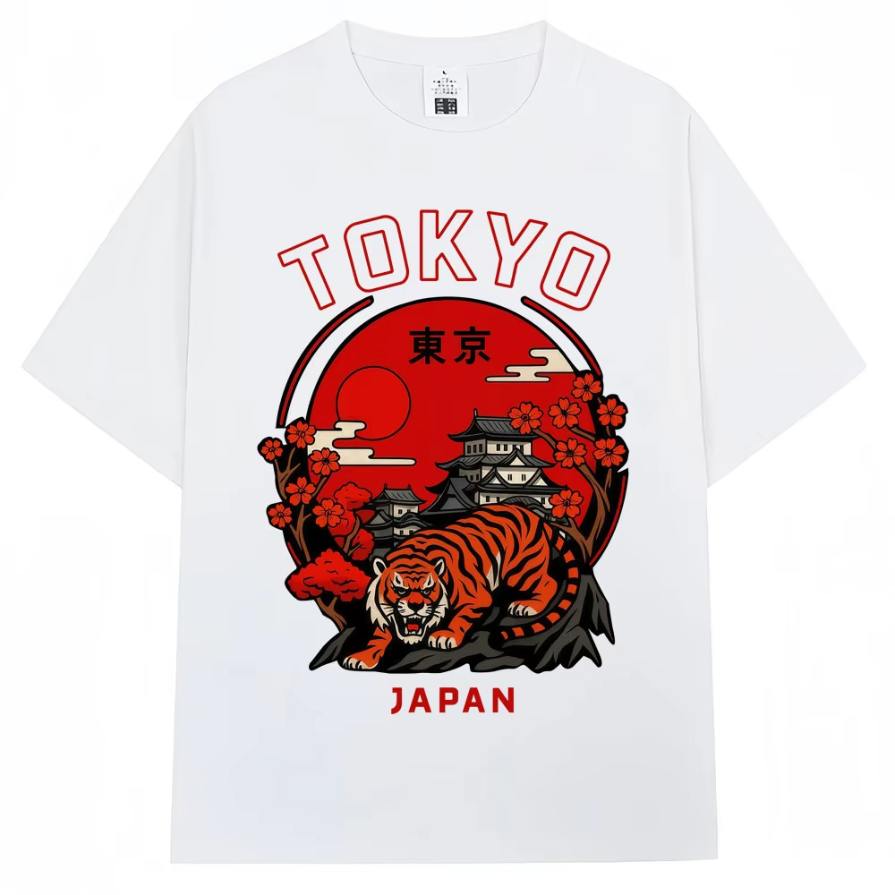 日本風東京タイガー桜柄グラフィックTシャツ メンズ レディー - Vintage Fashion Tokyo のレビューと価格