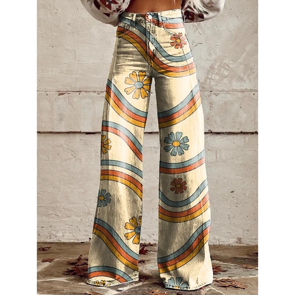 女性のかわいいレトロウェーブデイジープリントハイウエストワイ - Wide Leg Trouser 70S のレビューと価格