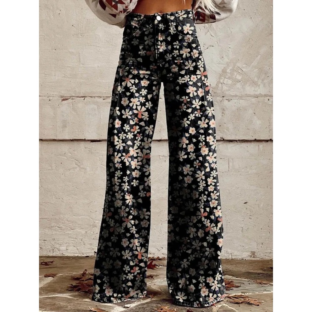 女性のかわいいレトロウェーブデイジープリントハイウエストワイ - Wide Leg Trouser 70S のレビューと価格