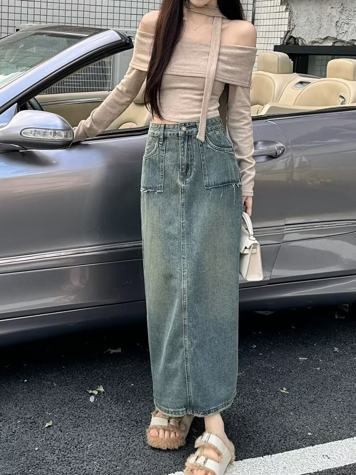 ハイウエストミディデニムスカート ウォッシュドヴィンテージ  - Denim Skirt Midi Vintage のレビューと価格